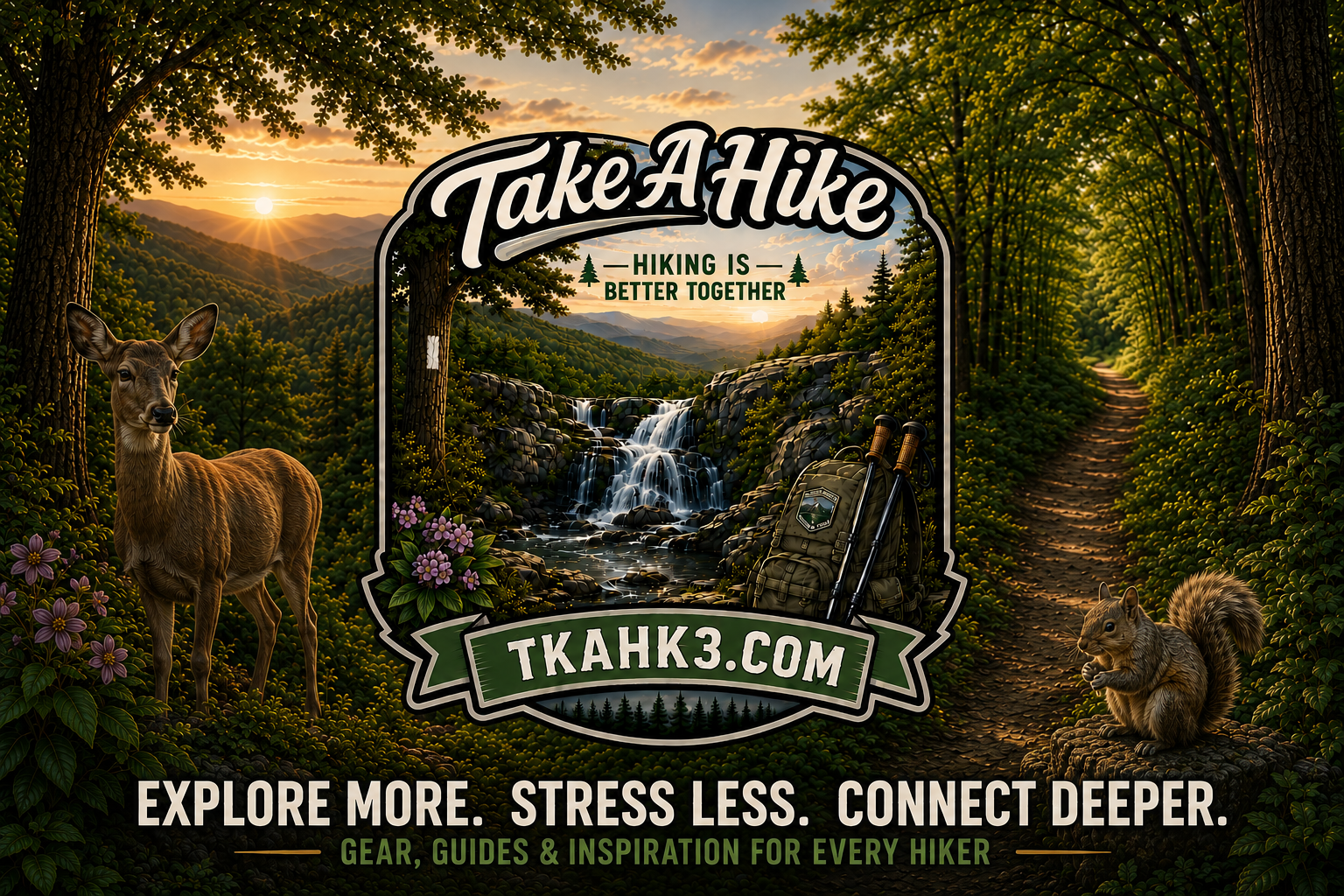 Take A Hike · Tkahk3 — a Northeast forest trail scene with a waterfall badge, a white-tailed deer, and a squirrel. Tagline: Explore more, stress less, connect deeper. Gear, guides & inspiration for every hiker.